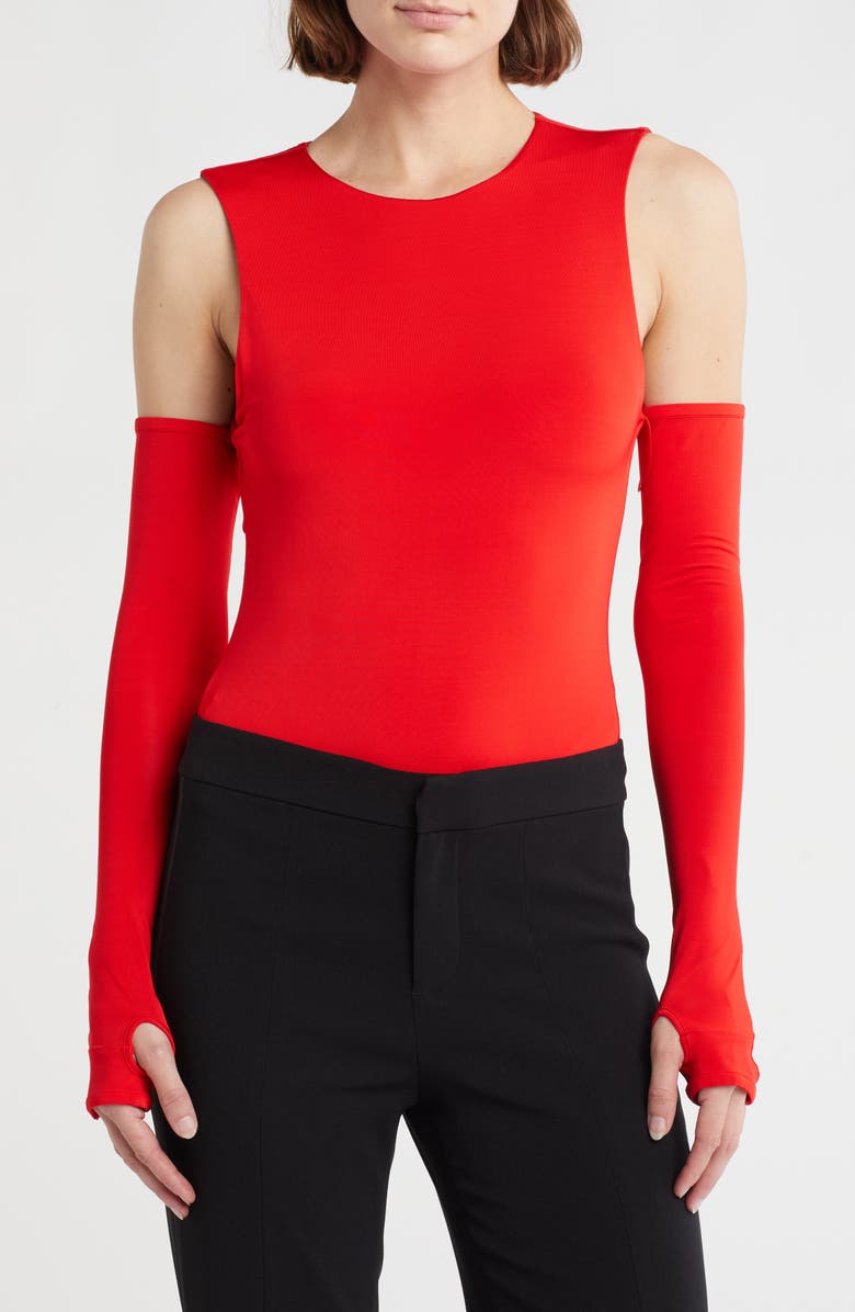 Alice + Olivia Olea Sculpting Cold Shoulder Bodysuit, Main, color, Bright Ruby