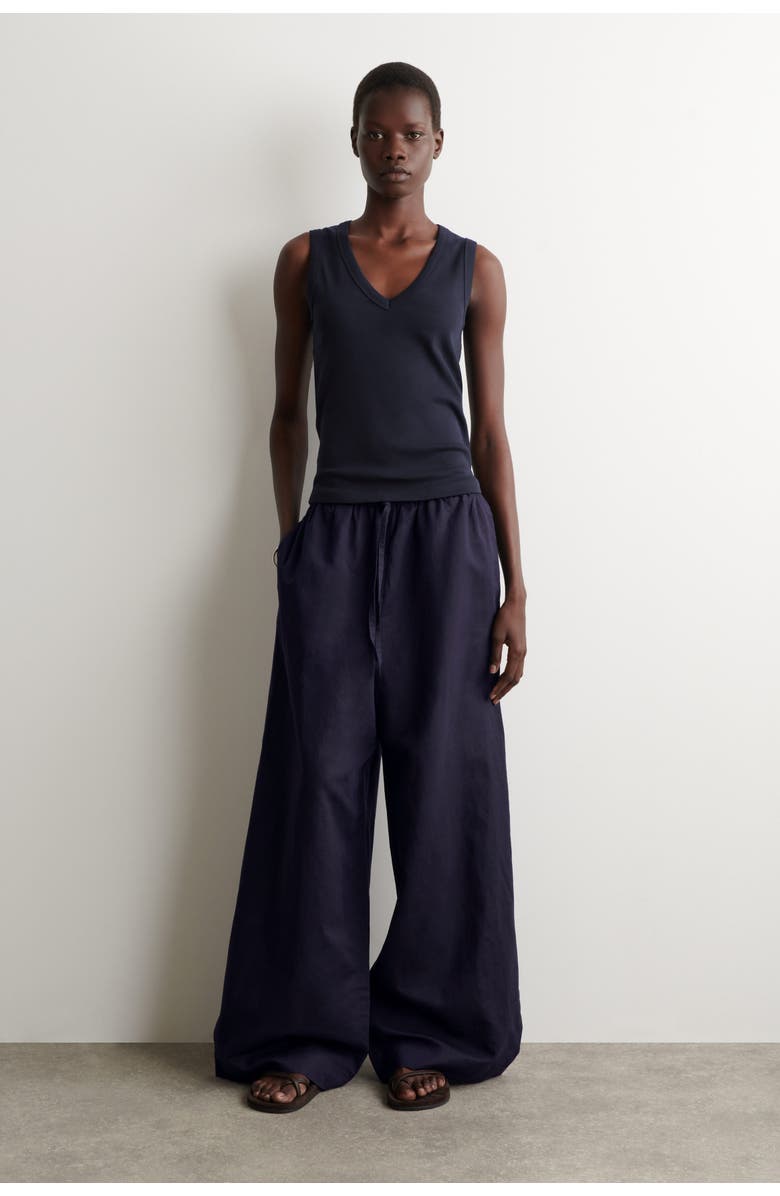 COS Wide-leg Linen Drawstring Trousers, Main, color, Navy