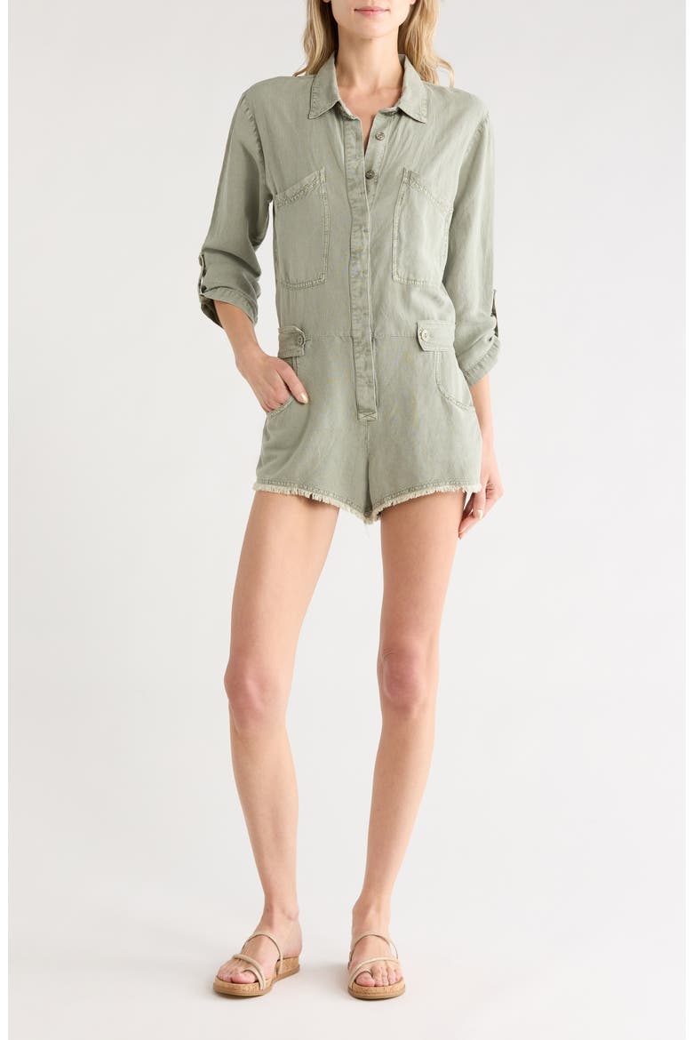 River Long Sleeve Raw Edge Linen Blend Romper, Main, color, SEAGRASS PIGMENT