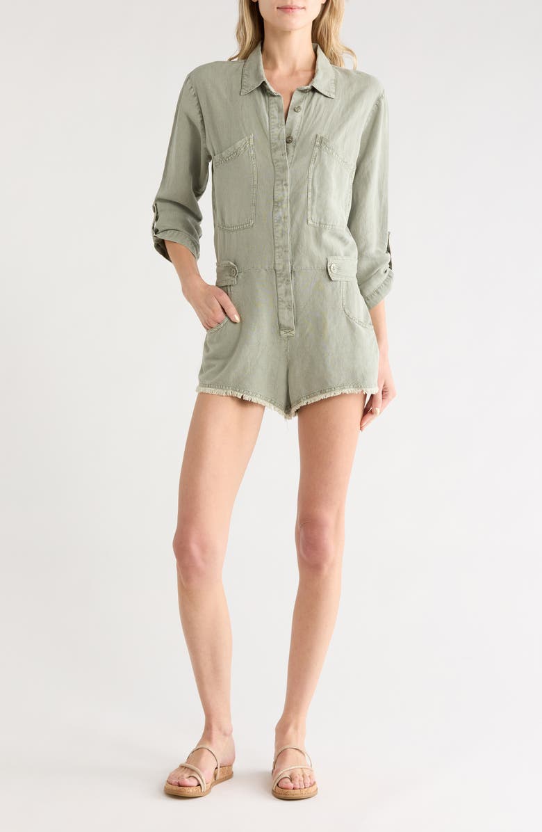 Young, Fabulous & Broke River Long Sleeve Raw Edge Linen Blend Romper, Main, color, 