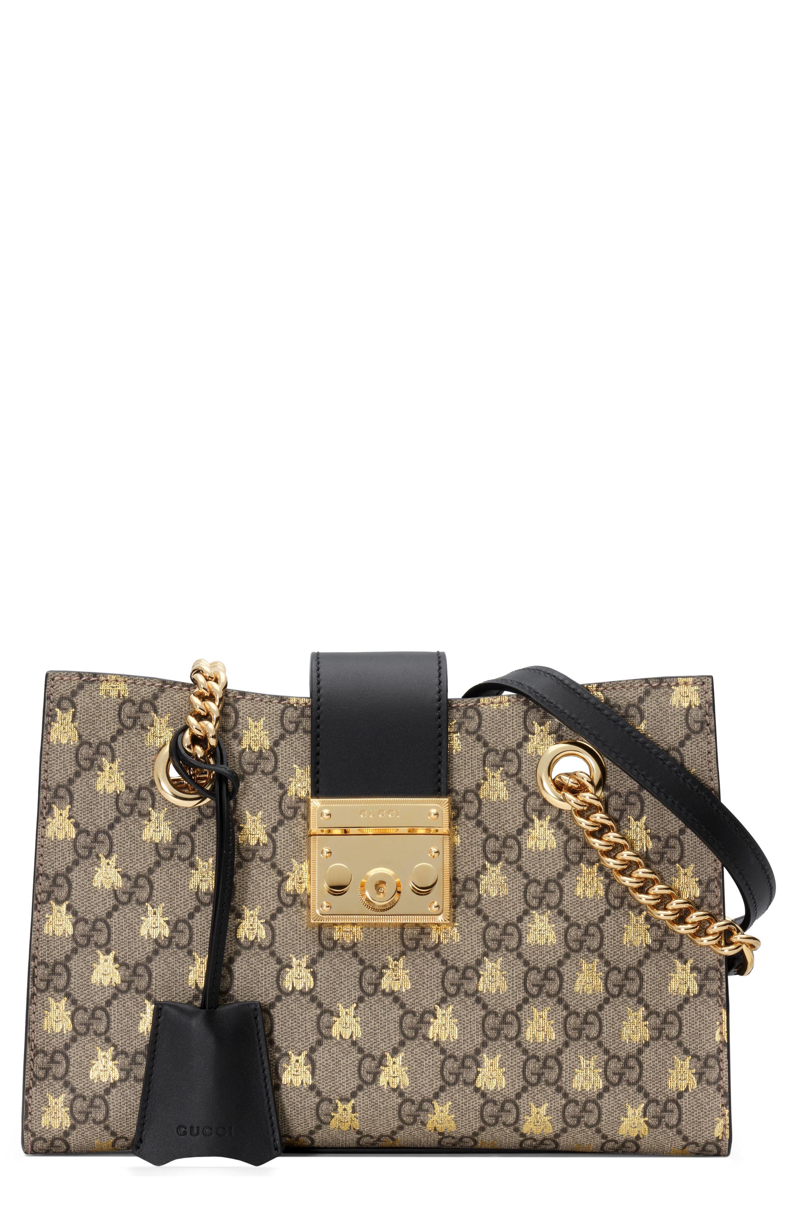 Gucci Small Padlock GG Supreme Bee Shoulder Bag, Main, color, 