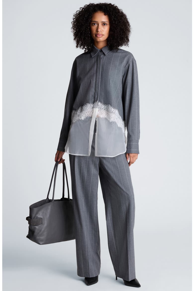 Pinstripe Lace Trim Oversized Button Front Shirt, Alternate, color, MED HEATHER GREY / WHITE