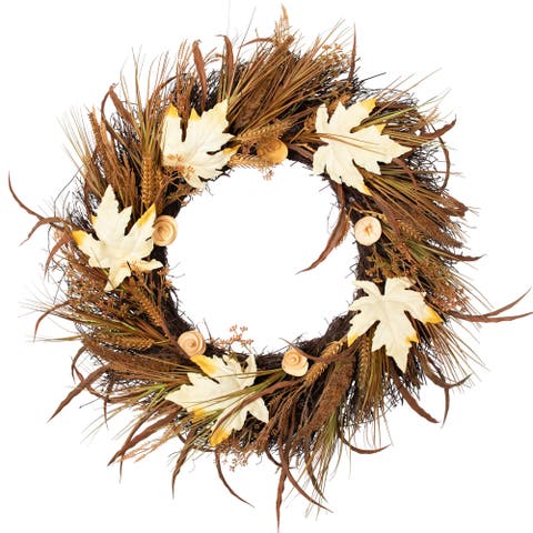 Cattail and Wheat Twig Artificial Fall Harvest Wreath - 24"