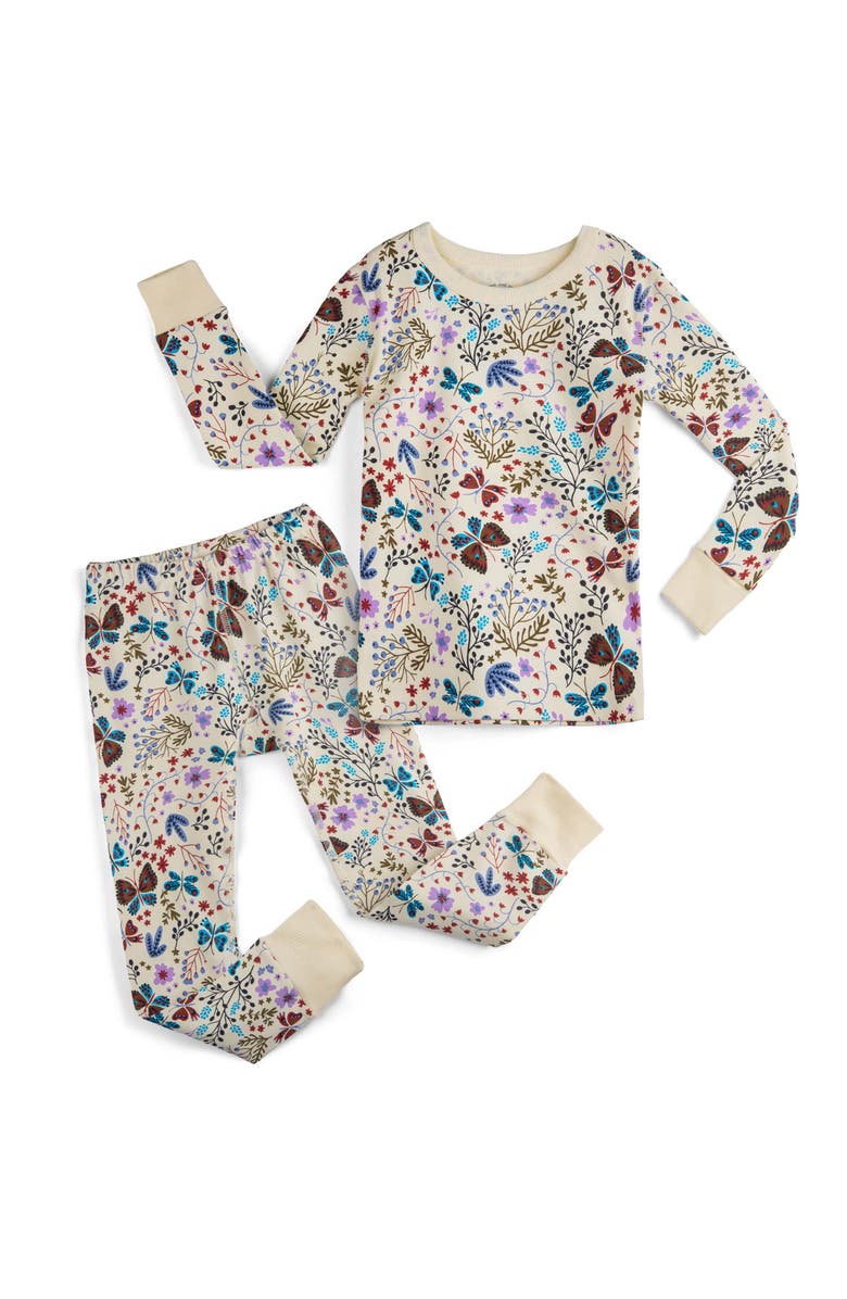 Mightly 100% Organic Cotton Print Long Sleeve Snug Fit Kids Pajamas, Main, color, Botanical Floral