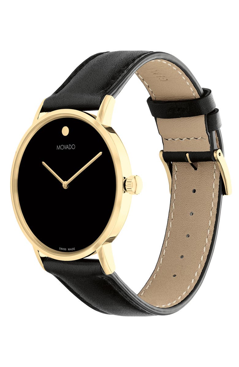 Movado Signature Leather Strap Watch, 40mm x 5.7mm, Alternate, color, Black Dial