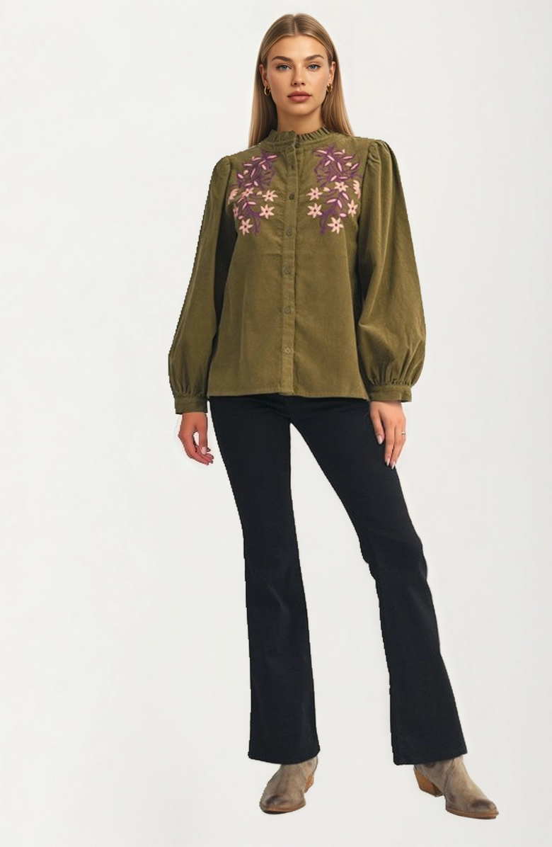 Knit and Lounge Embroidered Floral Button Front Long Sleeve Blouse, Alternate, color,