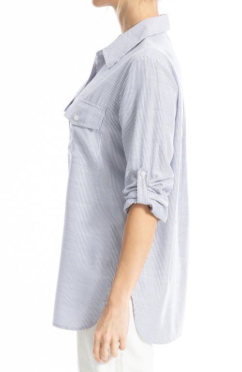 Max Studio Stripe Roll Tab Button-up Utility Shirt In Blue