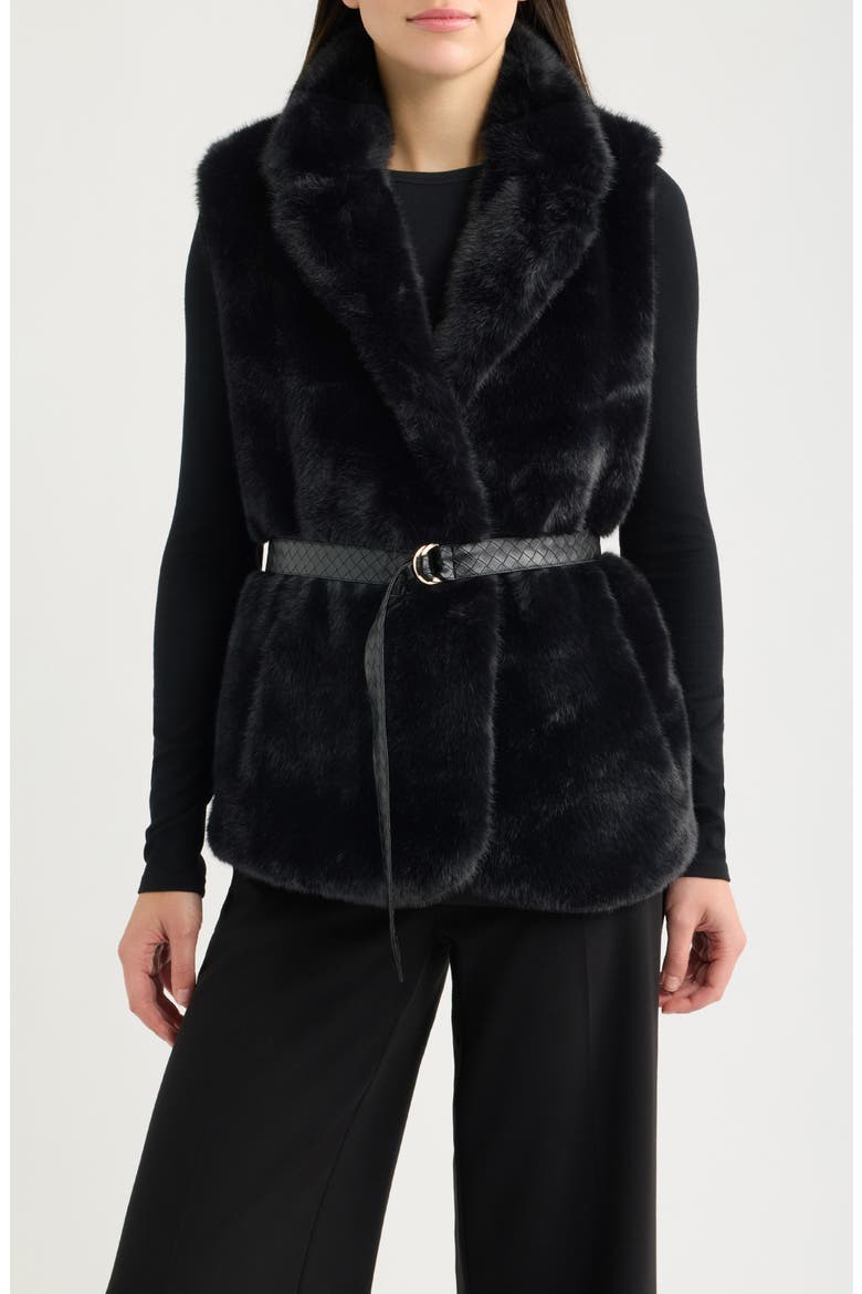 Belted Faux Fur Vest, Main, color, BLACK
