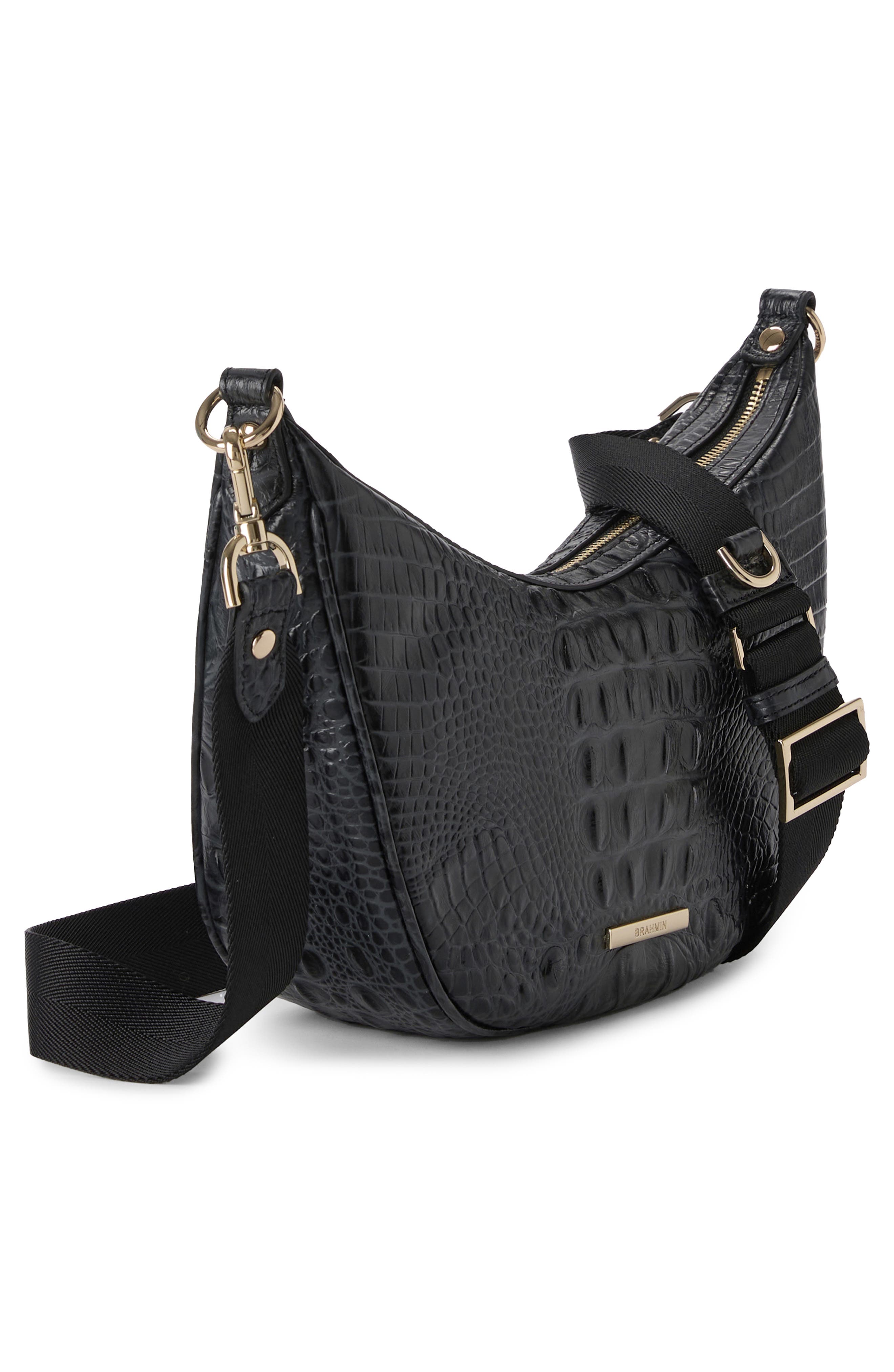 Brahmin Percy Croc Embossed Leather Shoulder Bag, Alternate, color, Black Alden Road