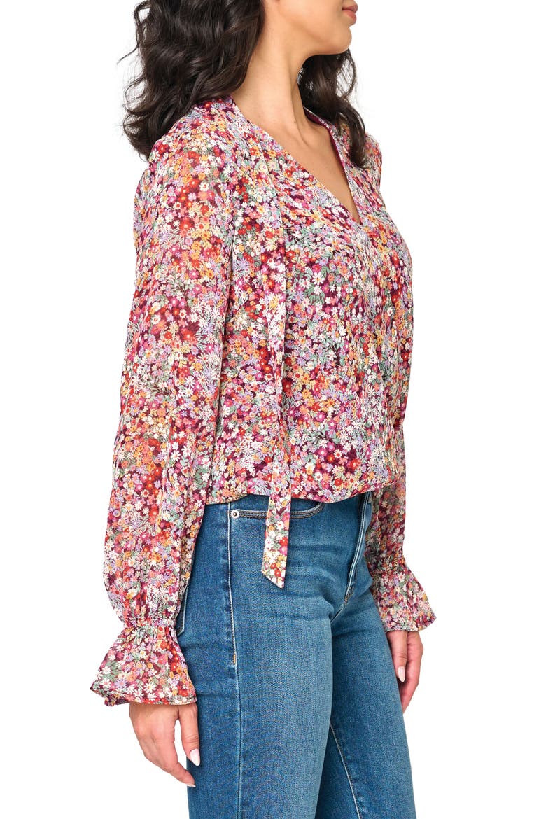 Floral Print Tie Neck Top, Alternate, color, BERRY DITSY