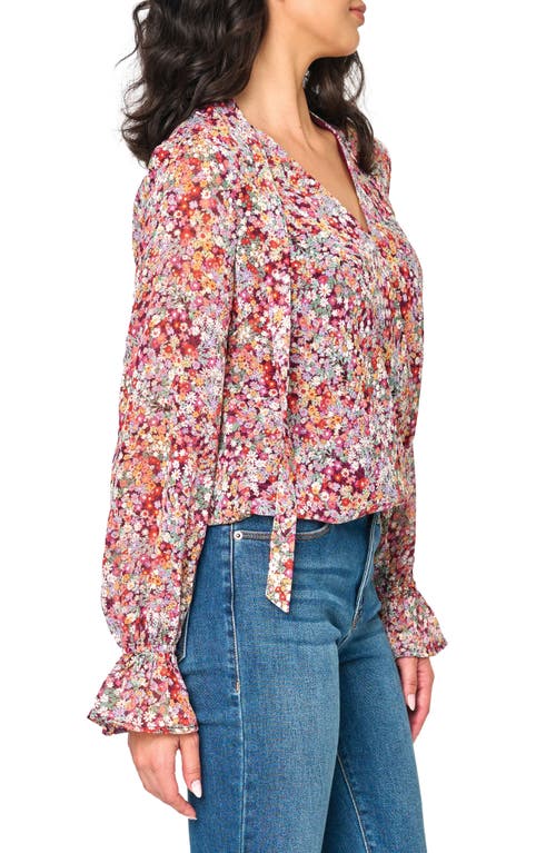 Gibsonlook Floral Print Tie Neck Top In Berry Ditsy