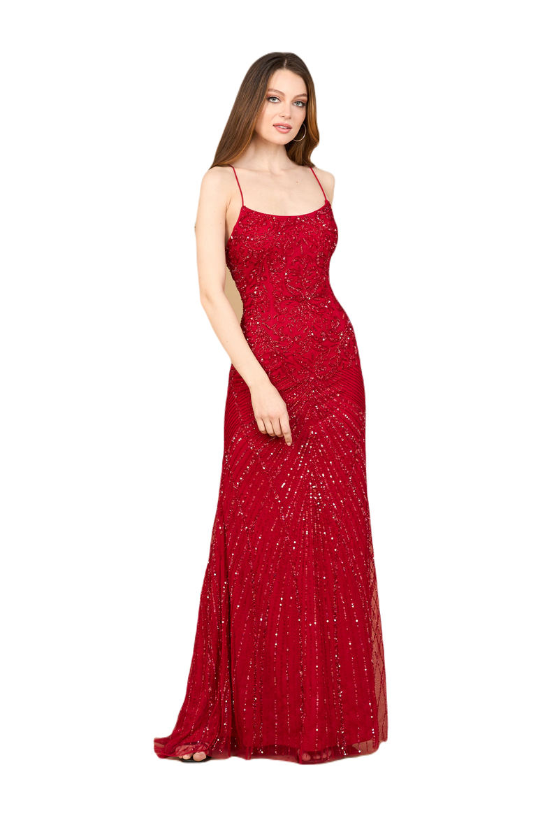 Lace Up Open Back Beaded Dress, Main, color, Red