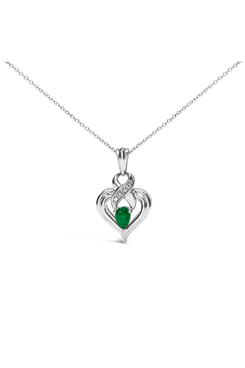 Silver 6x4mm Pear Emerald and Diamond Accent Heart Pendant Necklace, Main, color, White