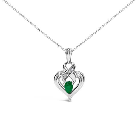 Silver 6x4mm Pear Emerald and Diamond Accent Heart Pendant Necklace