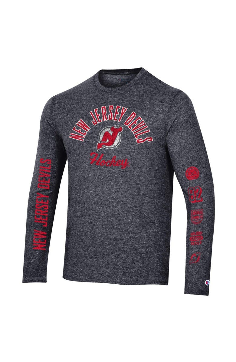 Champion Men's Champion Heather Black New Jersey Devils Multi-Logo Tri-Blend Long Sleeve T-Shirt, Alternate, color, Heather Black