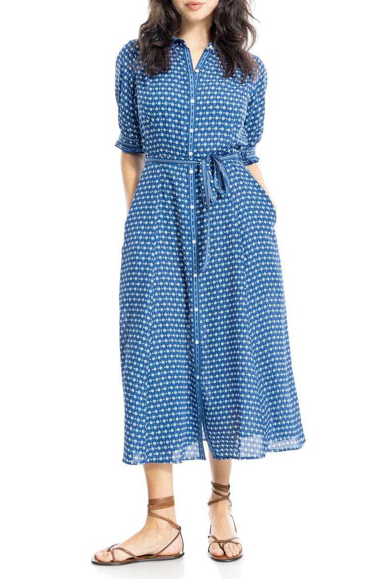 Puff Sleeve Chiffon Midi Shirtdress, Main, color, BLUE/ CREAM CIRCULAR DAISY