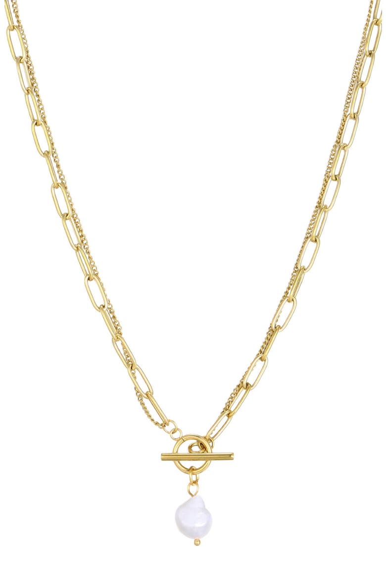 Tarnish Resistant 18K Gold Plated Pearl Toggle Pendant Necklace, Main, color, WHITE/ GOLD