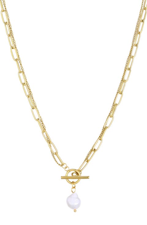 Tarnish Resistant 18K Gold Plated Pearl Toggle Pendant Necklace