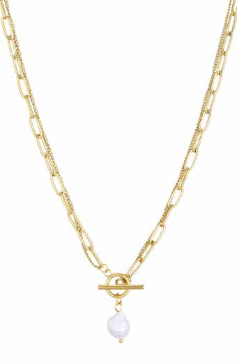 Tarnish Resistant 18K Gold Plated Pearl Toggle Pendant Necklace