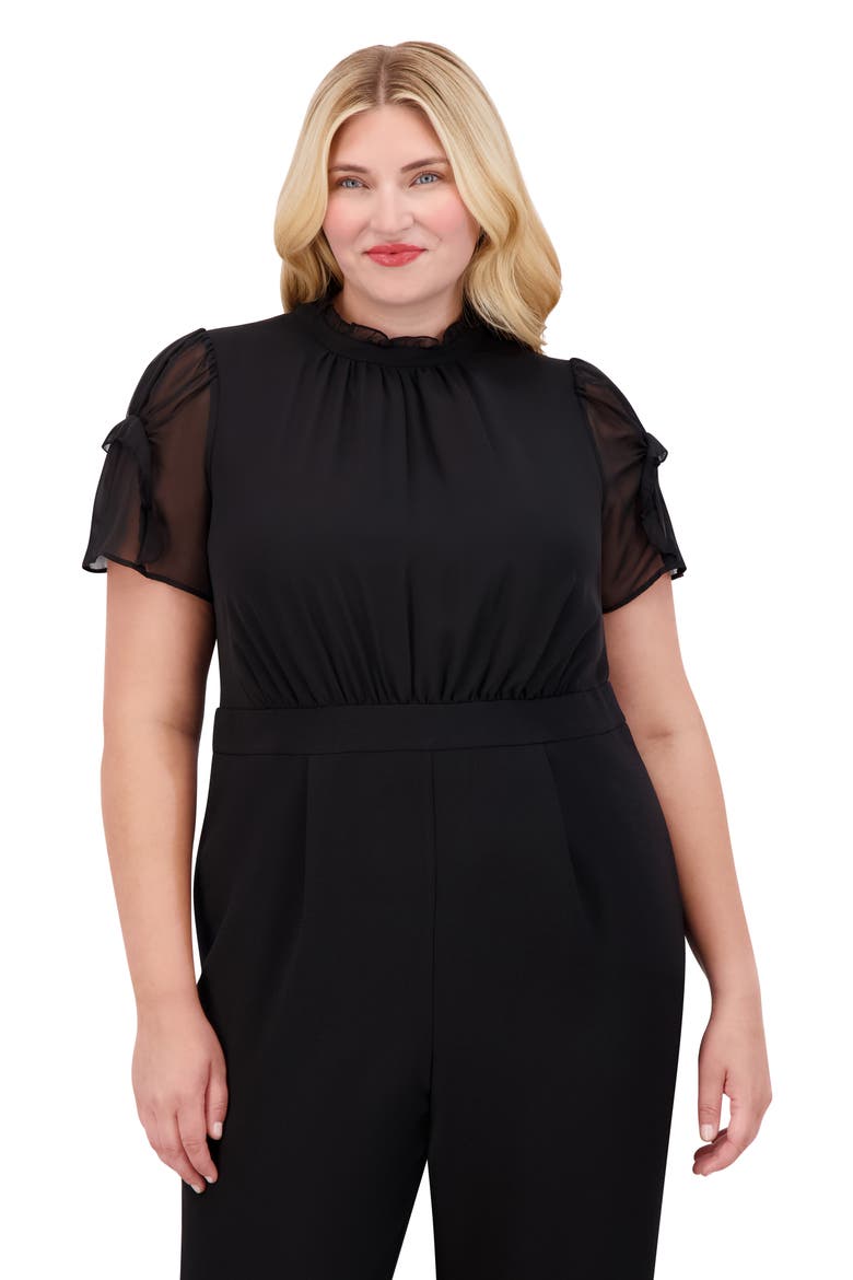 Chiffon Short Sleeve Stretch Crepe Jumpsuit, Alternate, color, BLACK