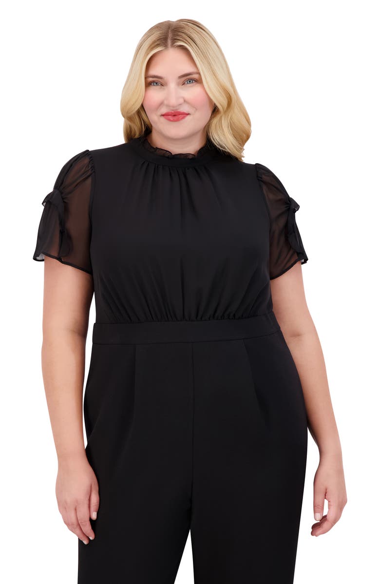 Vince Camuto Chiffon Short Sleeve Stretch Crepe Jumpsuit, Alternate, color, Black