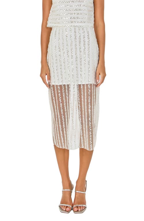Endless Rose Sequin Stripe Mesh Midi Skirt In Off White