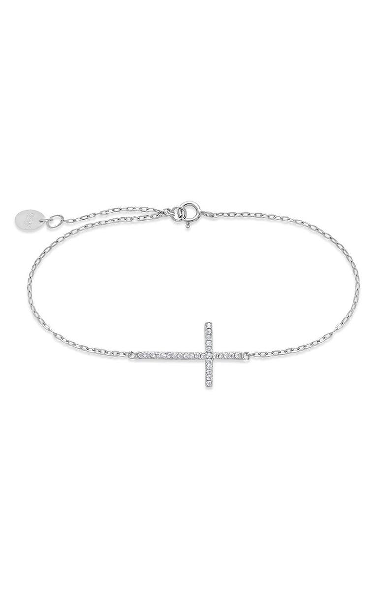Sterling Forever Sterling Silver Sideways Pave CZ Cross Bracelet, Main, color,