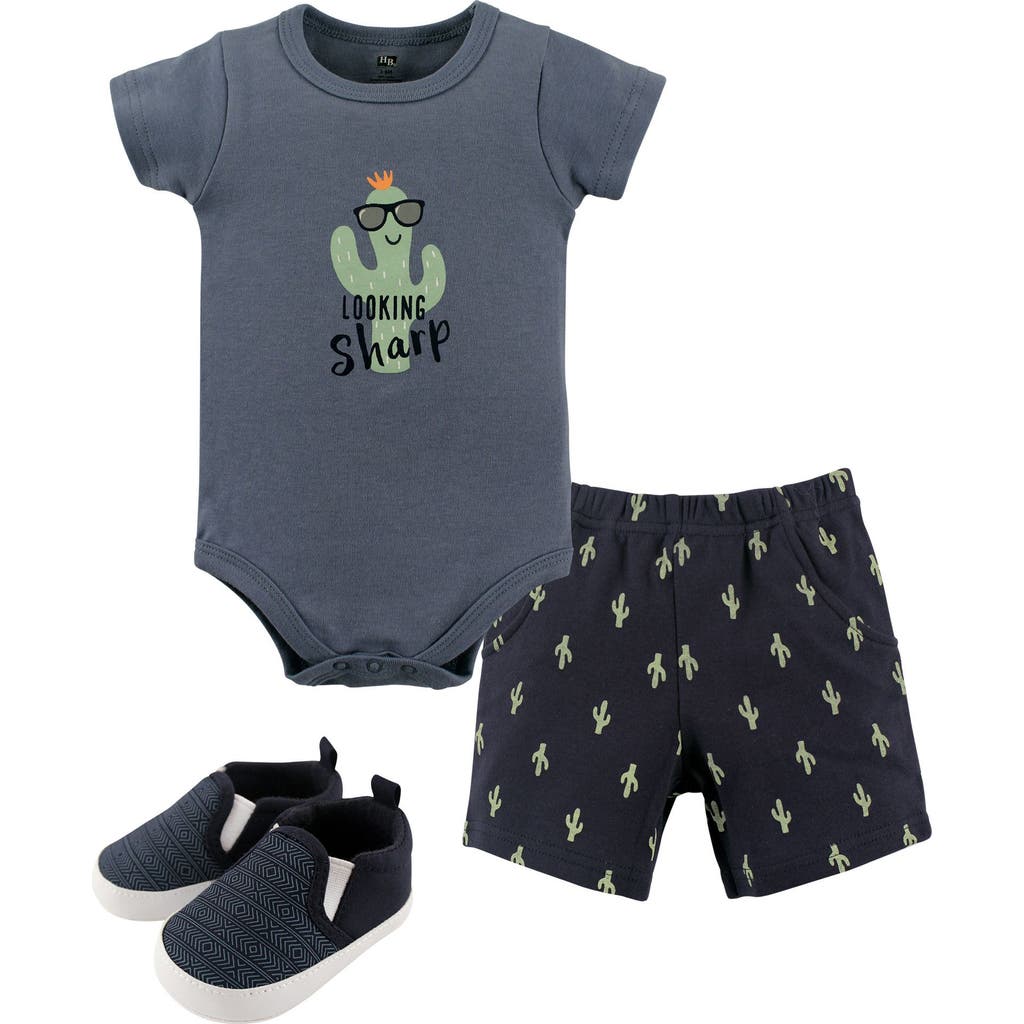 Hudson Baby Cotton Bodysuit, Shorts And Shoe Set In Gray