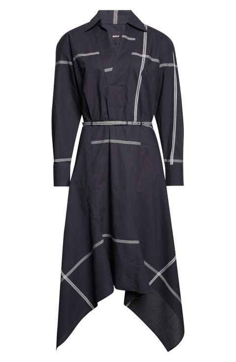 Doloh Ribbon Detail Long Sleeve Handkerchief Hem Cotton Dress