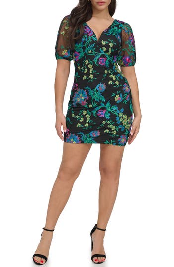 Siena Floral Embroidered Mesh Minidress In Black