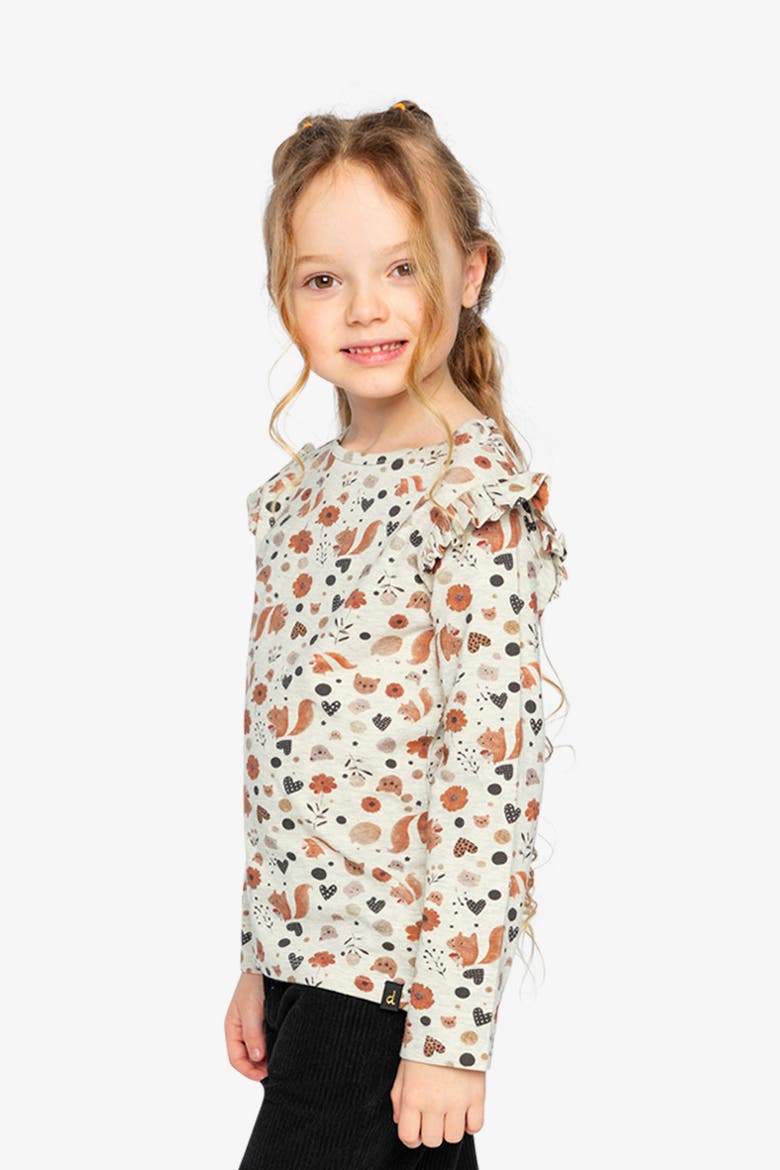 Organic Cotton Squirrel Ruffle Shoulder Long Sleeve T-Shirt, Alternate, color, Beige with Squirrel Print