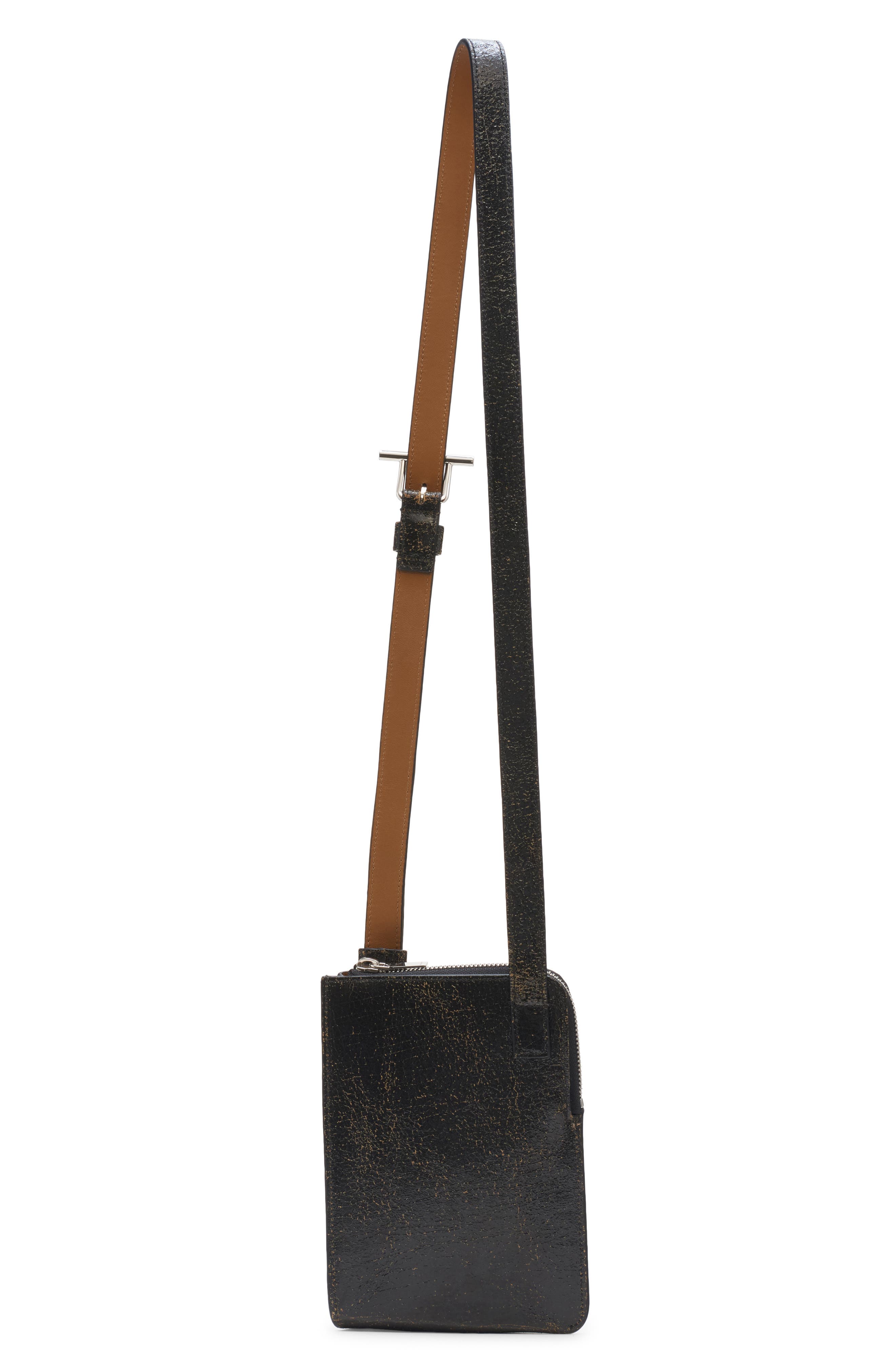 McQueen T-Bar Sling Crackle Leather Phone Holder, Alternate, color, 