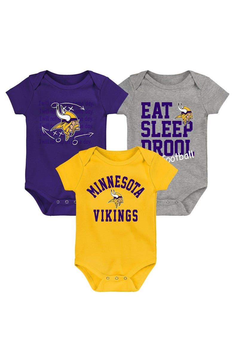 Outerstuff Newborn & Infant Purple/Gold/Heather Gray Minnesota Vikings Three-Pack Eat, Sleep & Drool Retro Bodysuit Set, Main, color, 