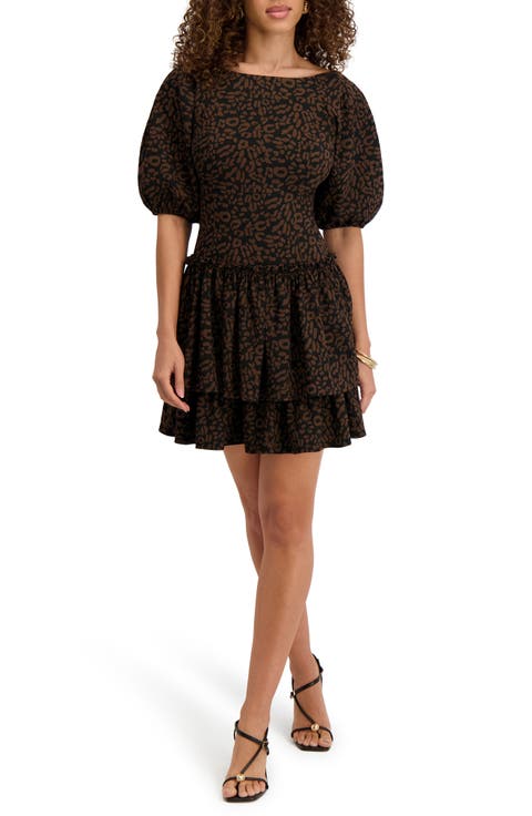 Leopard Print Puff Sleeve Fit & Flare Minidress
