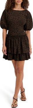 Kensie Leopard Print Puff Sleeve Fit & Flare Minidress