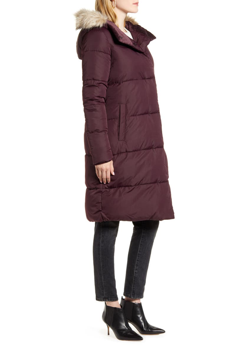 Hooded Puffer Coat with Faux Fur Trim, Alternate, color, RED GRAPE