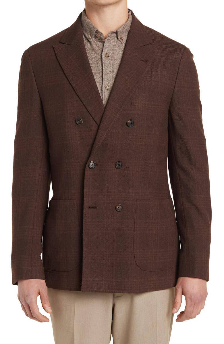 Brunello Cucinelli Plaid Double Breasted Peak Lapel Wool Blend Blazer, Main, color, 