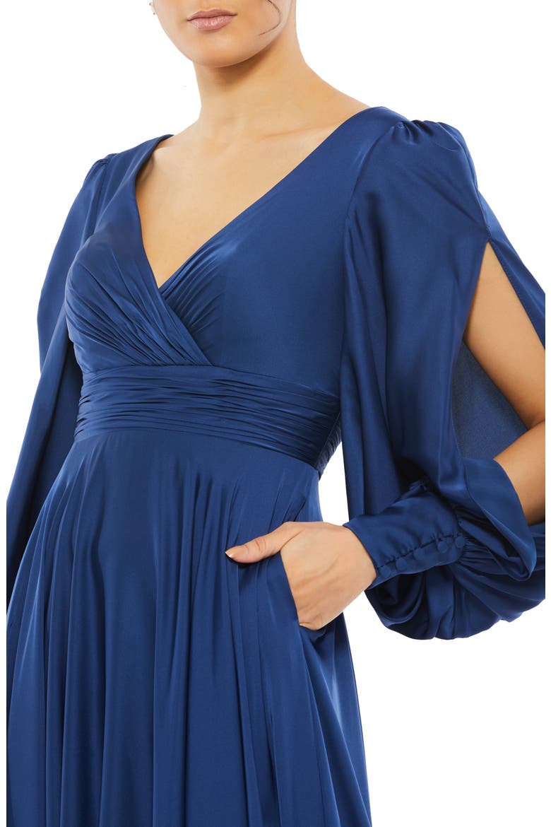 Split Long Sleeve Satin A-Line Gown, Alternate, color, MIDNIGHT
