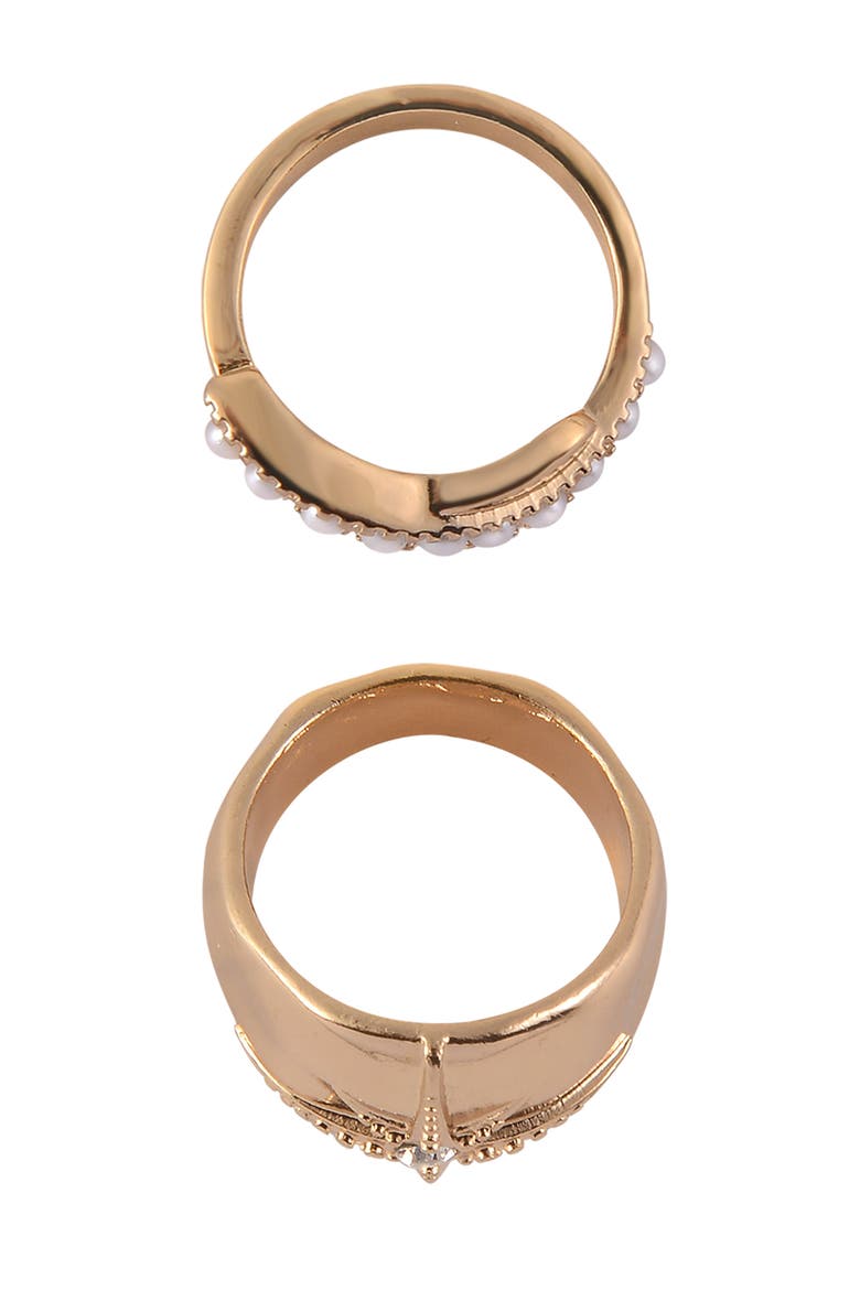 Set of 2 Faux Pearl & Crystal Band Rings, Alternate, color, GOLD