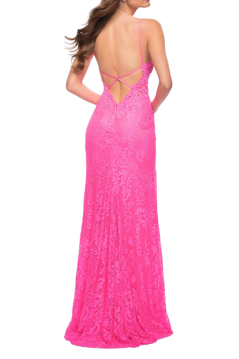 Stretch Lace Prom Dress in Neon Pink, Alternate, color, NEON PINK