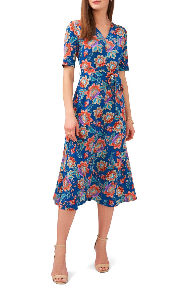 V-Neck Tie Waist Midi Dress, Main, color, TEAL/RED/MULTI