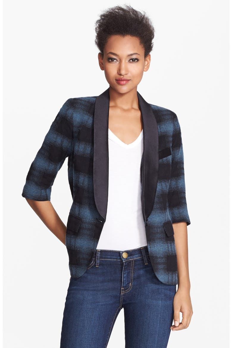 Plaid Smoking Jacket, Main, color, BLACK AND BLUE PLAID