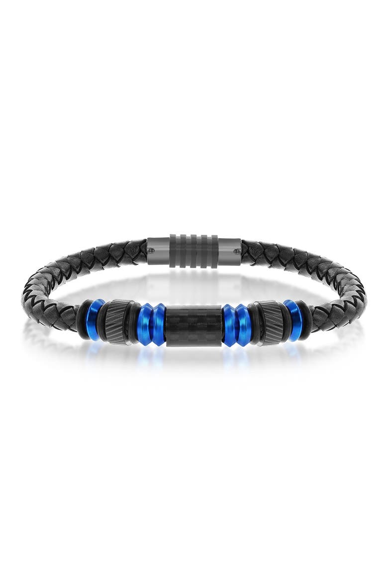 Men's Stainless Steel & Carbon Fiber Woven Leather Bracelet, Main, color, BLUE/ BLACK