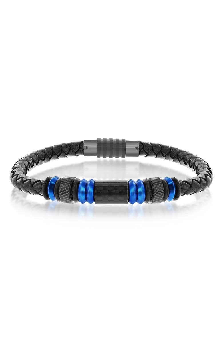 BLACKJACK Men's Stainless Steel & Carbon Fiber Woven Leather Bracelet, Main, color, Blue/ Black