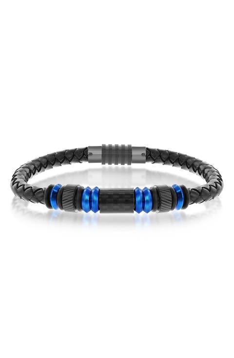 Men's Stainless Steel & Carbon Fiber Woven Leather Bracelet