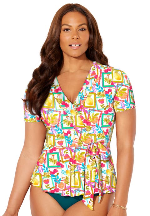 Short Sleeve Faux Wrap Tankini Top