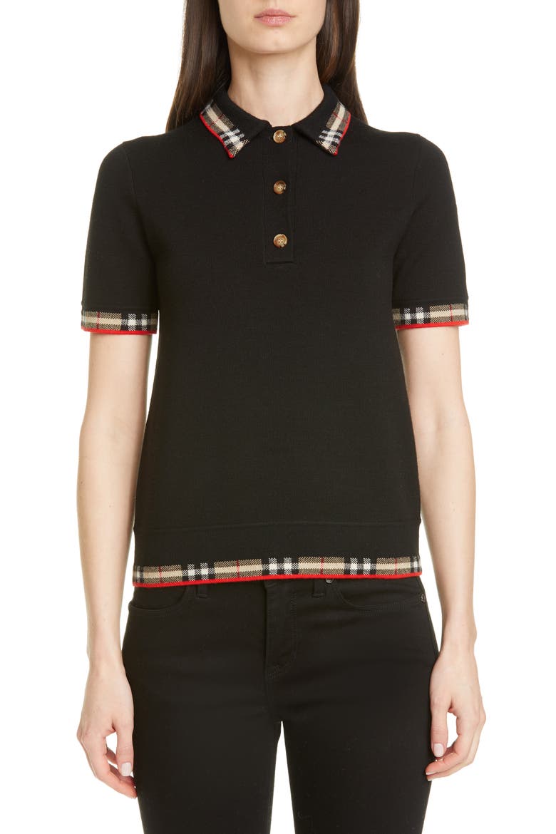 Lola Check Trim Merino Wool Blend Polo Sweater, Main, color, BLACK