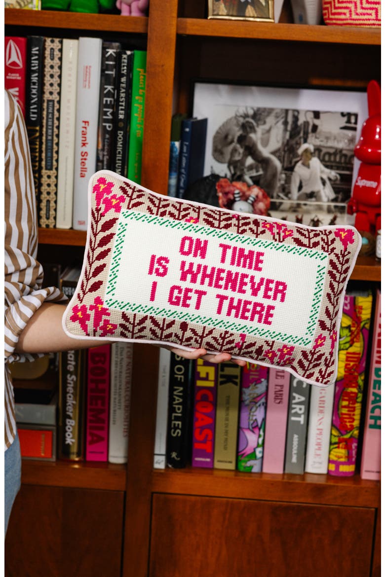 On Time Needlepoint Pillow, Alternate, color, Red, Beige, Ivory, Green