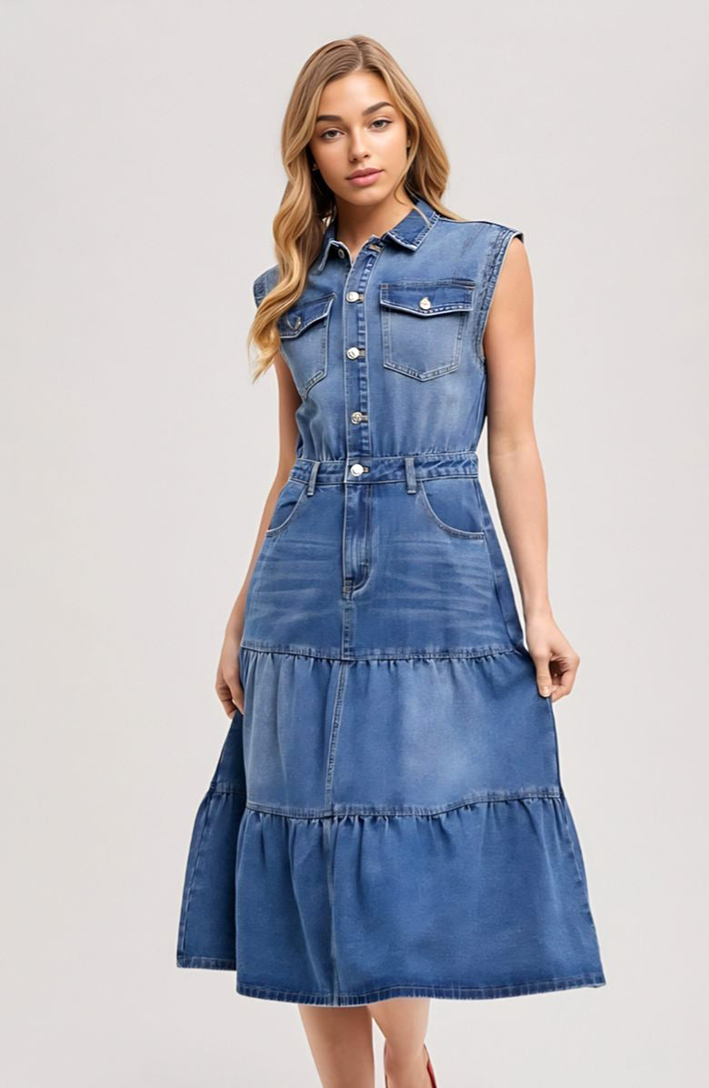 Knit and Lounge Sleeveless Tiered Denim Midi Dress, Main, color, Navy