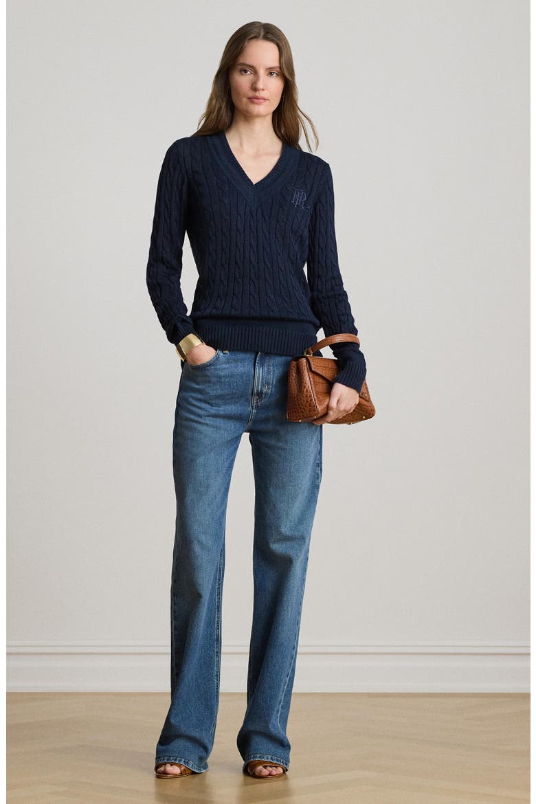 Bright Cable Knit Sweater, Alternate, color, LAUREN NAVY BLUE
